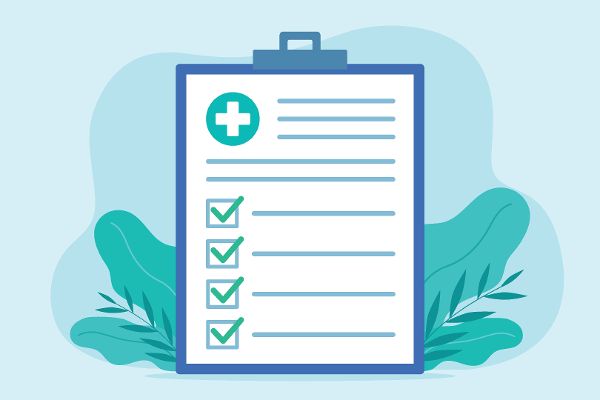 Medizinische Checkliste. Vektorgrafik im Flat-Design. Illustration eines Dokuments mit Patiententestergebnissen. Grüne Häkchen. Medizinisches Dokument.