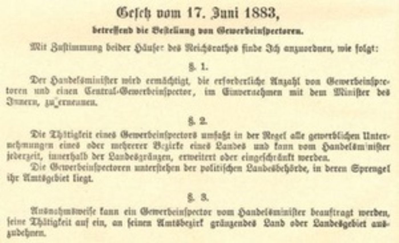 Das Bild zeigt ein veröffentlichtes Gesetz vom 17. Juni 1883.
