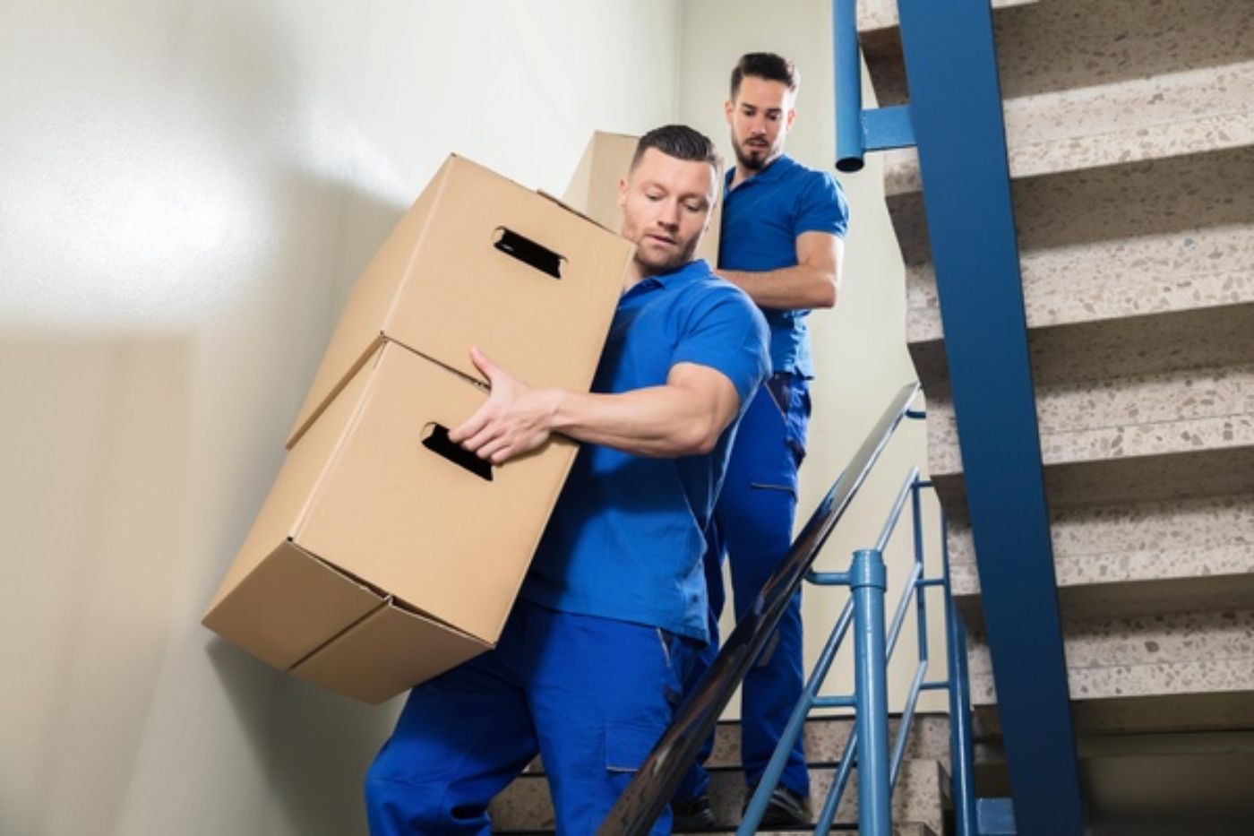 Zwei Möbelpacker tragen Kisten über eine Stiege. 
