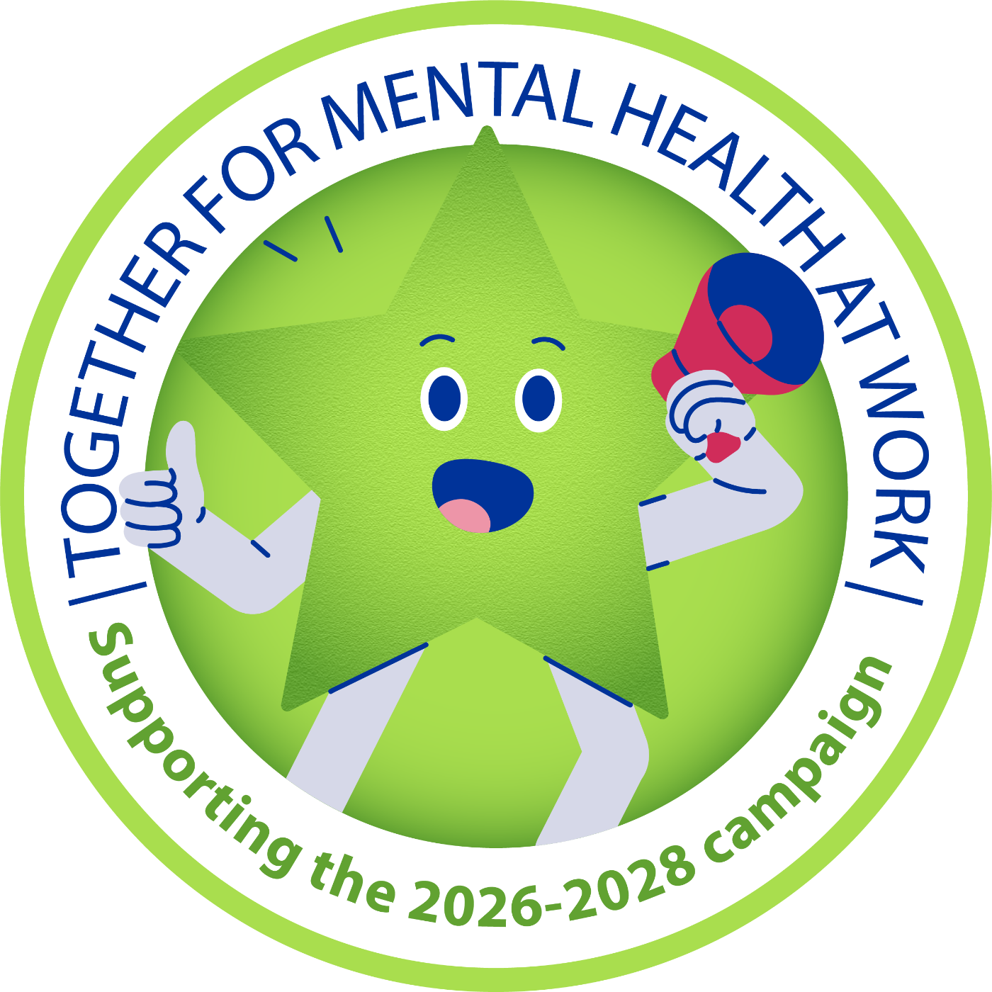 Das ist ein Sticker zur Kampagne der europäischen Union der Jahre 2026 bis 2028 zu gesunden Arbeitsplätzen. Es zeigt einen grünen animierten Stern mit Mikrofon, der auf die Bedeutung von mentaler Gesundheit am Arbeitsplatz aufmerksam macht. 