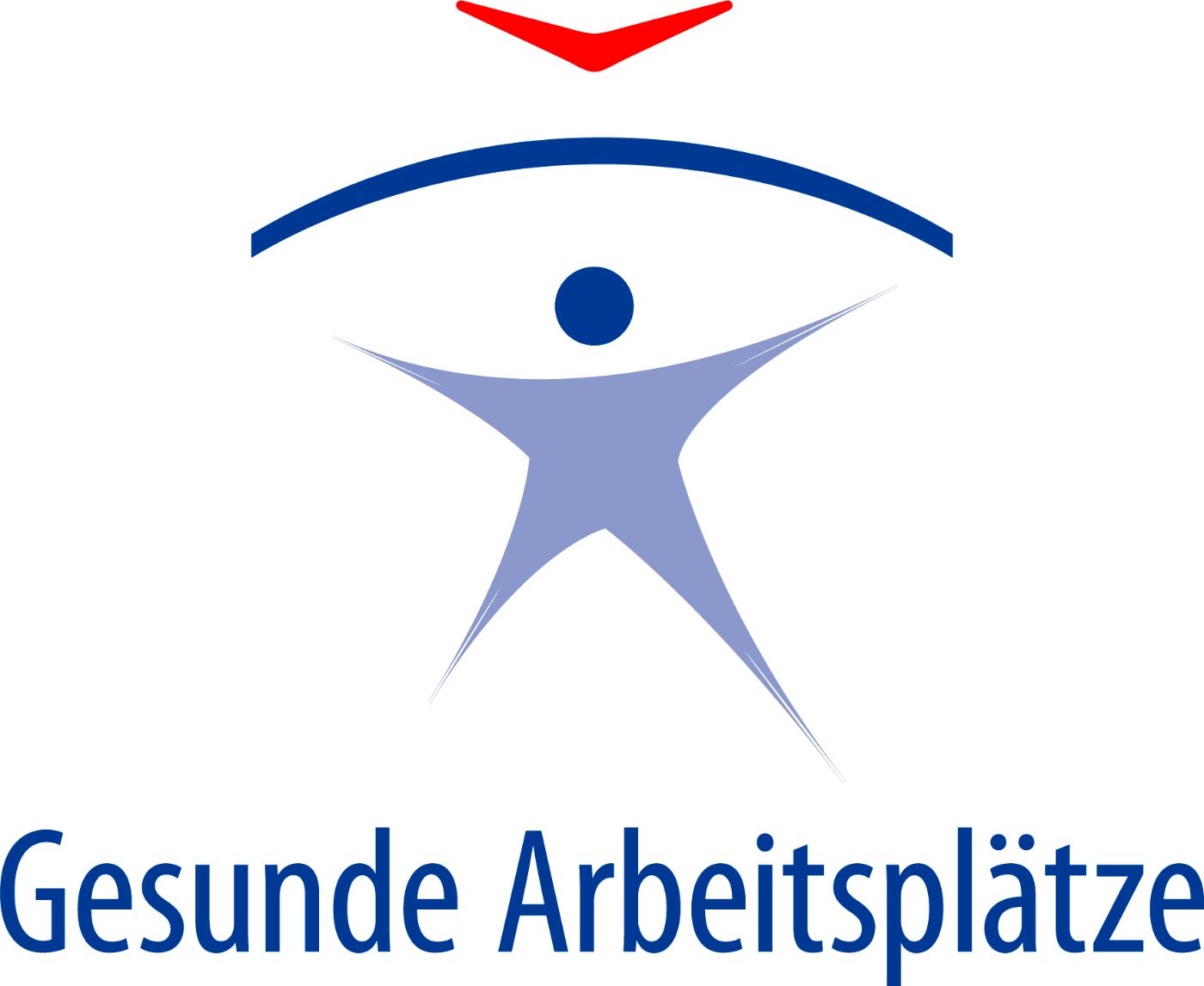 Logo für Gesunde Arbeitsplätze, ein Männchen mit einem blauen Bogen über dem Kopf. Von oben senkt sich ein roter Pfeil herab. 