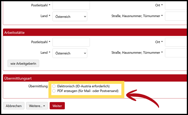 Erklärung der zwei Übermittlungsarten von Meldeformularen, elektronisch und PDF erzeugen.